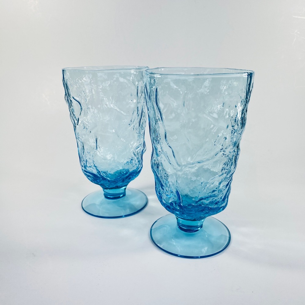 Seneca Driftwood Peacock Blue Water Goblets Set‎ 2 Textured Glass 1980